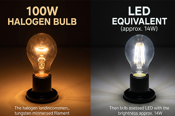 A side-by-side comparison of a glowing 100W halogen bulb and a bright LED equivalent.